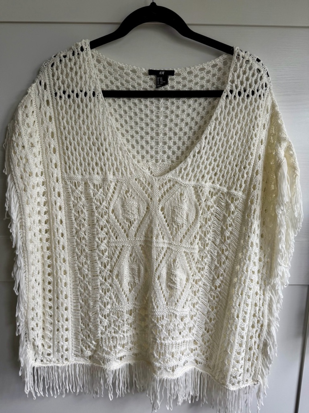 Open-Knit V-Neck Fringe Sweater Poncho - Cream